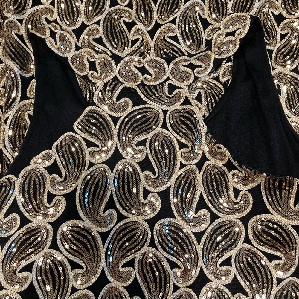 Black and Gold Sleeveless Sheath Dress Fringe Paisley Sequins - Picture 12 of 15